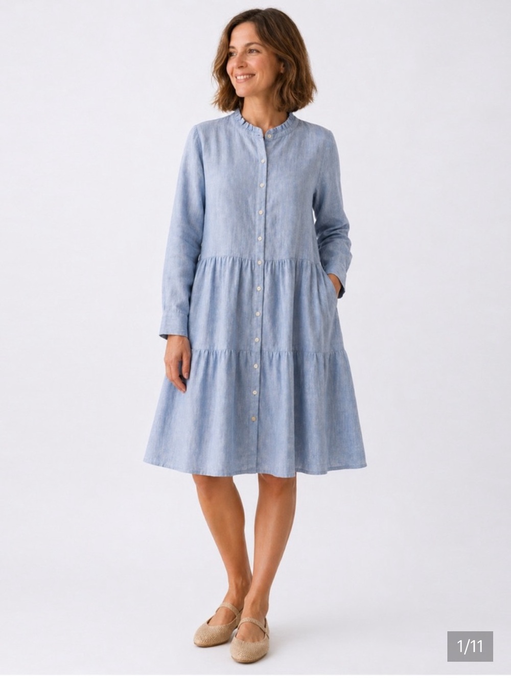 Alice Walk Nantucket NEW Lilac Button-Front Long-Sleeve LINEN Dress Ruff Collar